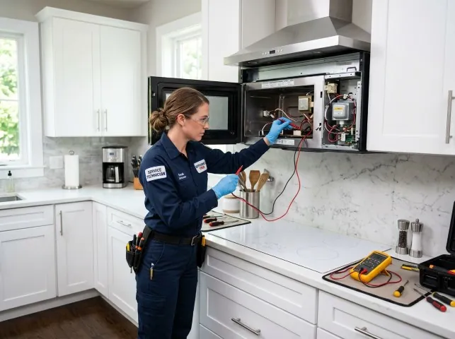 Appliance Repair Hero technician testing an over-the-range microwave in a Alexander, AR kitchen